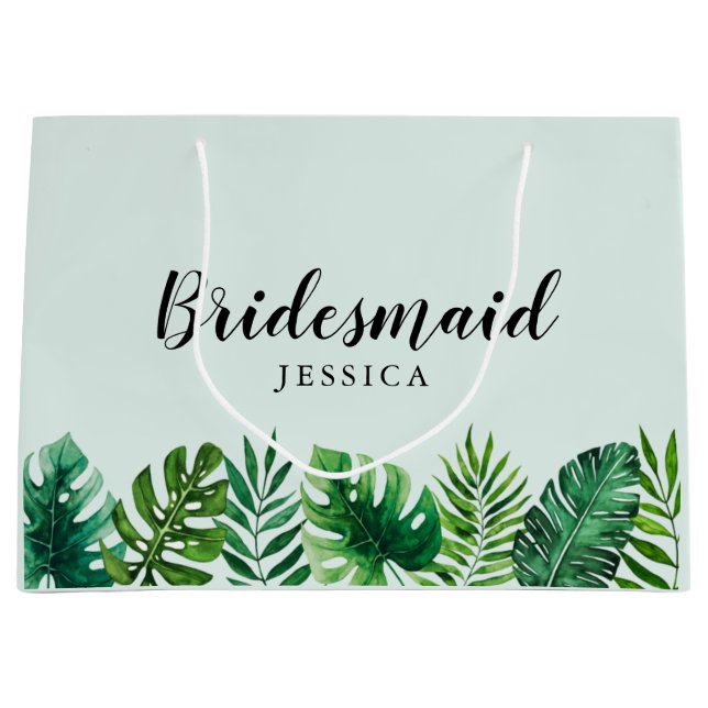 Mint Green Tropical Watercolor Leaves Bridesmaid Large Gift Bag (Front)