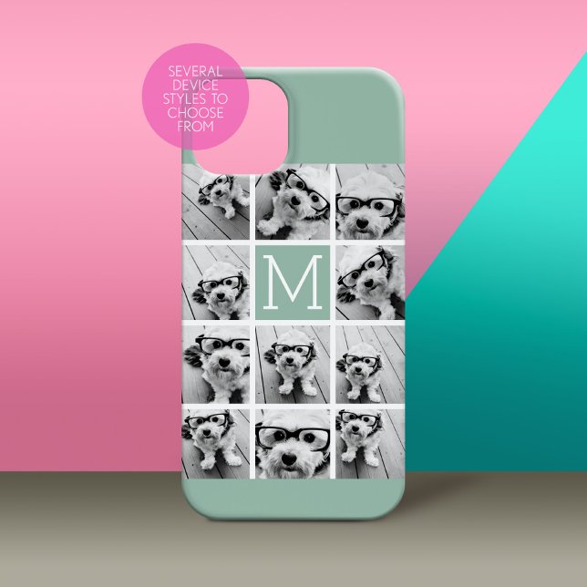 Mint Green Unique Photo Collage Custom Monogram (Personalized Phone Case with Custom Photos and Text - Pick Your Device Style)