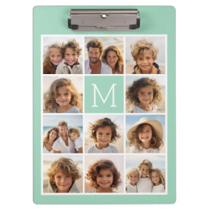 Mint Green Unique Photo Collage Custom Monogram Clipboard
