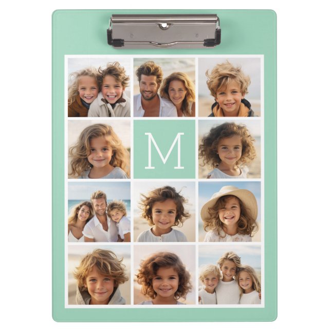 Mint Green Unique Photo Collage Custom Monogram Clipboard (Front)