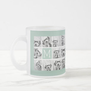 Mint Green Unique Photo Collage Custom Monogram Frosted Glass Coffee Mug