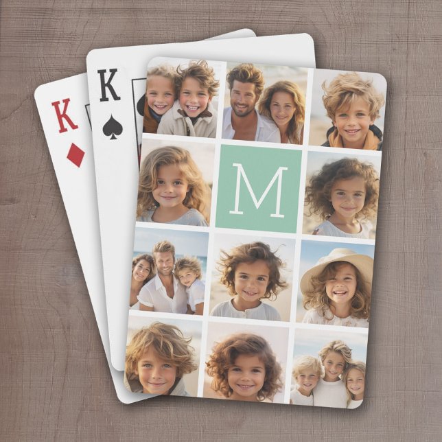 Mint Green Unique Photo Collage Custom Monogram Playing Cards (Personalized Playing Cards with 11 Photos and a bright monogram in the center)