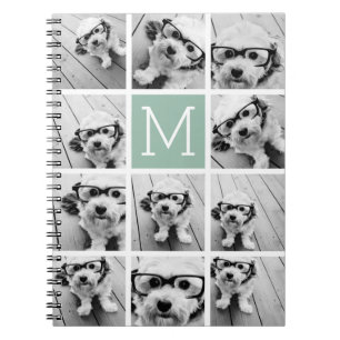 Mint Green Unique Photo Collage Custom Monogram Spiral Notebook