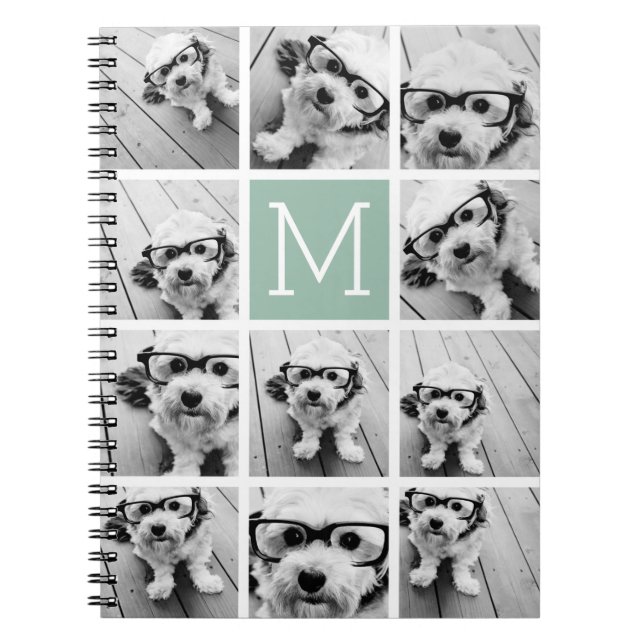 Mint Green Unique Photo Collage Custom Monogram Spiral Notebook (Front)