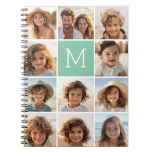 Mint Green Unique Photo Collage Custom Monogram Spiral Notebook