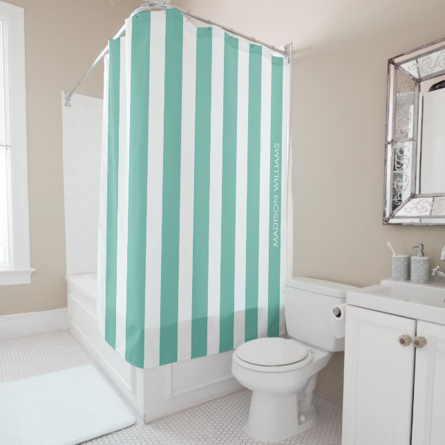 Mint Green Vertical Stripes Minimalist Geometric  Shower Curtain (In Situ)