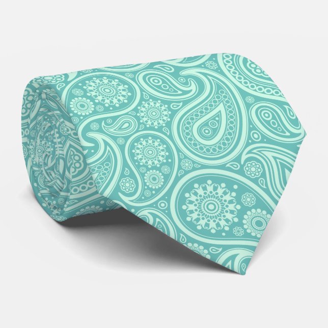 Mint-Green Vintage Paisley Turquoise Background Tie (Rolled)