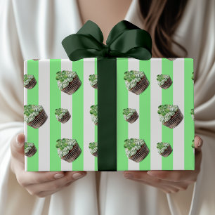 Mint Green Vintage Striped Clover Cupcake  Wrapping Paper