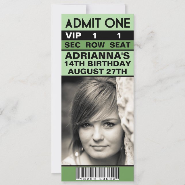 Mint Green VIP Photo Ticket Birthday Party Invitation (Front)