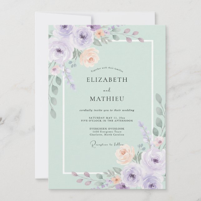 Mint Green Watercolor Botanical Wedding Invitation (Front)