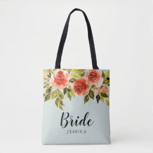 Mint Green Watercolor Floral Bride Tote Bag