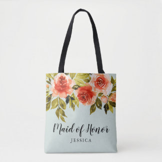 Mint Green Watercolor Floral Maid Of Honour Tote Bag