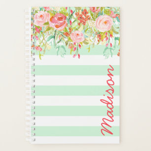 Mint Green Watercolor Floral Stripe Personalised Planner