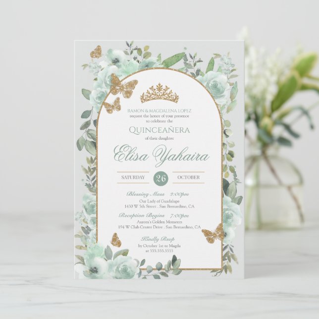 Mint Green Watercolor Golden Butterfly Quinceanera Invitation (Standing Front)