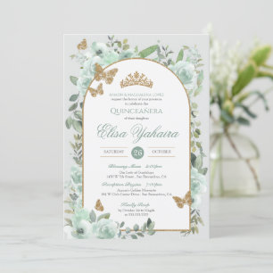 Mint Green Watercolor Golden Butterfly Quinceanera Invitation
