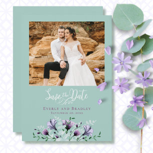 Mint Green Watercolor Purple Floral Save the Date Invitation