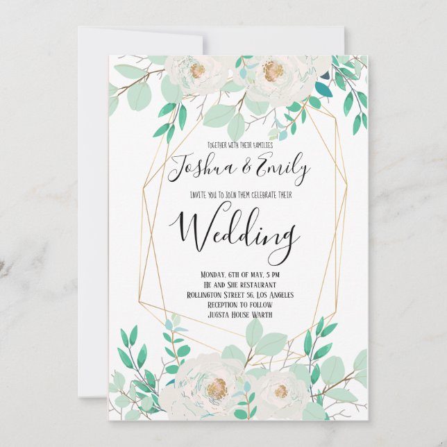 Mint Green Wedding Invitation Floral invites (Front)