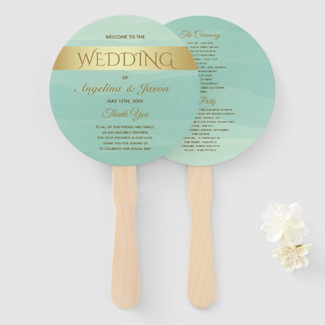 Mint Green Wedding Program Hand Fan (Front and Back)