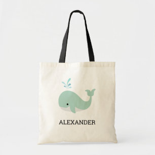 Mint Green Whale Kids' Cute Personalised Tote Bag