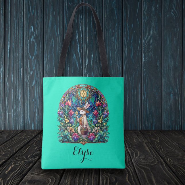 Mint Green Whimsical Stained Glass Easter Bunny Tote Bag (Creator Uploaded)