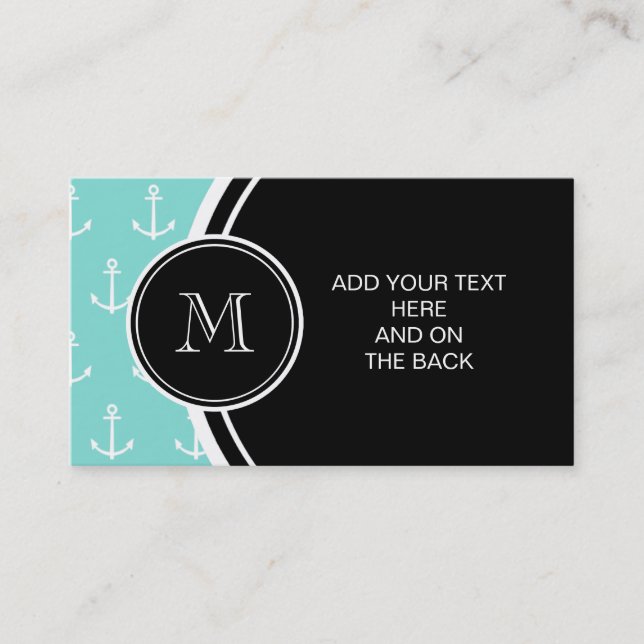 Mint Green White Anchors Pattern, Black Monogram Business Card (Front)