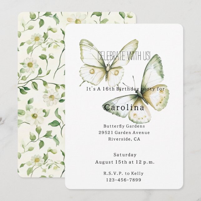 Mint Green White Butterflies Birthday Invitation (Front/Back)