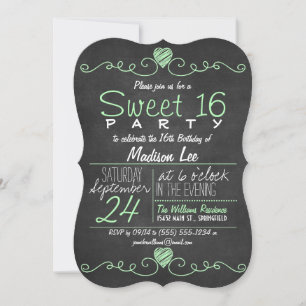 Mint Green, White Chalkboard Rustic Sweet 16 Party Invitation