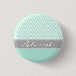 Mint Green White Chevron Zigzag Pattern Grey Name 3 Cm Round Badge