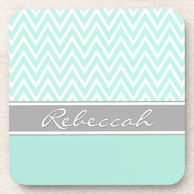 Mint Green White Chevron Zigzag Pattern Grey Name Coaster (Front)
