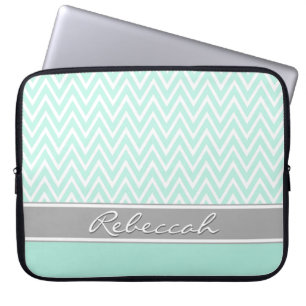 Mint Green White Chevron Zigzag Pattern Grey Name Laptop Sleeve