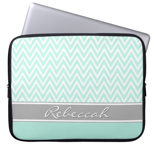 Mint Green White Chevron Zigzag Pattern Grey Name Laptop Sleeve (Front)