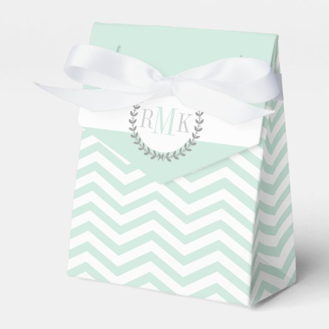 Mint green, white chevron zigzag pattern wedding favour box (Front Side)
