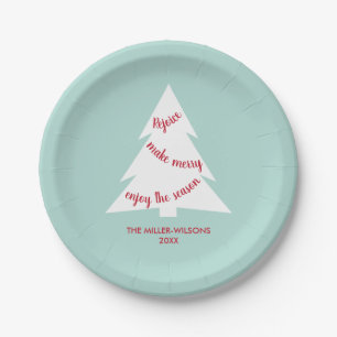 Mint Green White Christmas Tree Name Holiday Party Paper Plate
