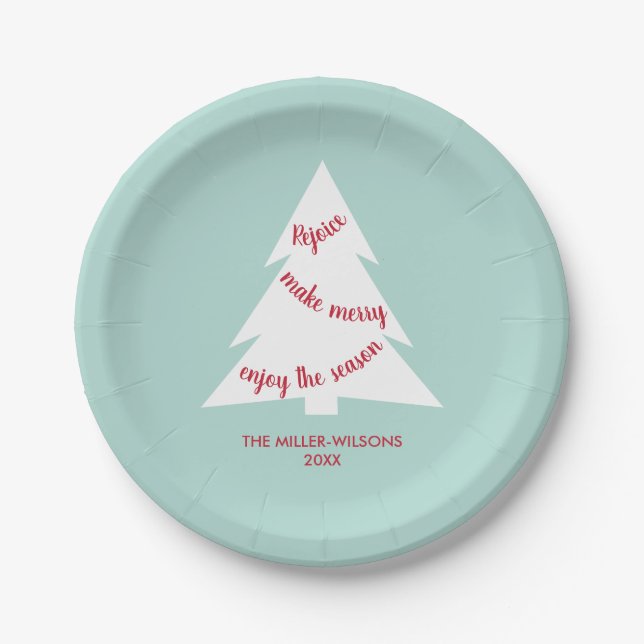 Mint Green White Christmas Tree Name Holiday Party Paper Plate (Front)
