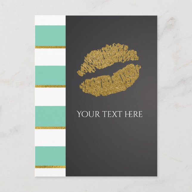 Mint Green & White Faux Gold Shimmer Lips Event Postcard (Front)