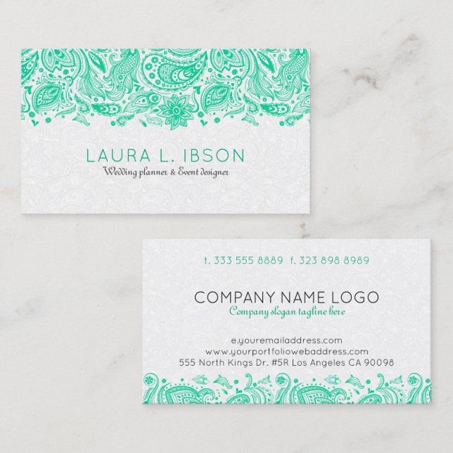 Mint-Green & White Floral Paisley Lace Business Card (Front/Back)