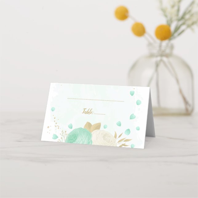 mint green & white flowers gold botanical wedding place card (Front)