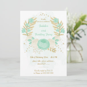 mint green white flowers gold floral birthday invitation