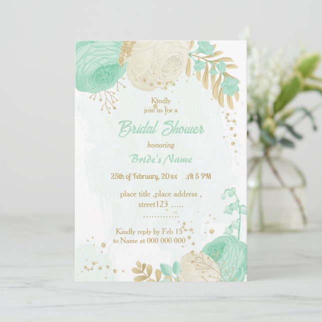 mint green white flowers gold floral bridal shower invitation (Standing Front)