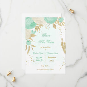 mint green white flowers gold floral save the date