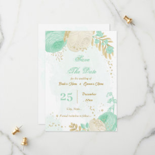 mint green white flowers gold floral save the date