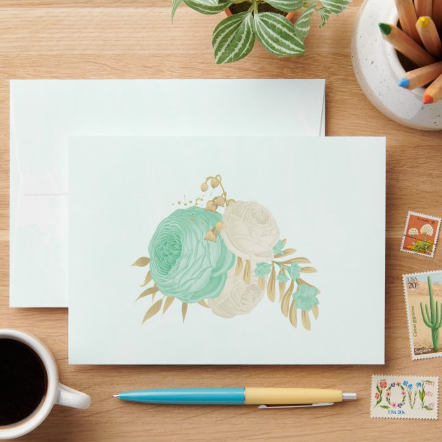 mint green &white flowers gold floral wedding envelope (Desk)