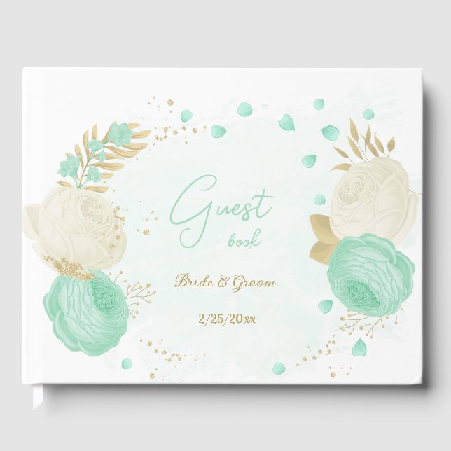 mint green &white flowers gold floral wedding guest book (Front)