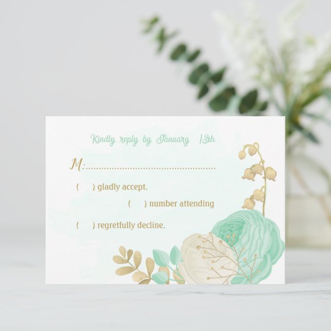 mint green white flowers gold floral wedding RSVP card (Standing Front)