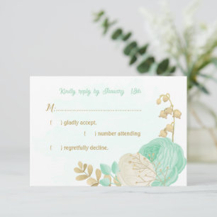 mint green white flowers gold floral wedding RSVP card