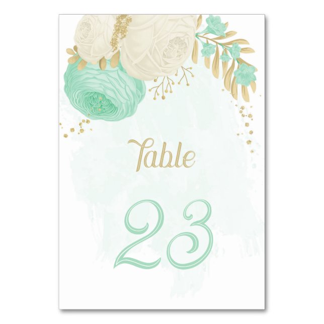 mint green &white flowers gold floral wedding tabl table number (Front)