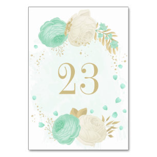 mint green &white flowers gold floral wedding table number