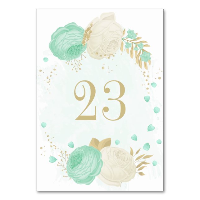 mint green &white flowers gold floral wedding table number (Front)