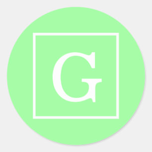 Mint Green White Framed Initial Monogram Classic Round Sticker