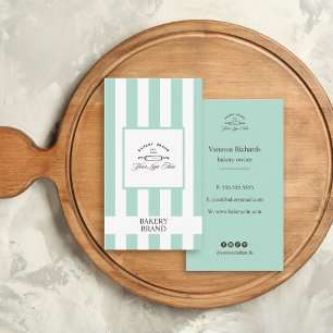 Mint Green White French Bakery Logo Large Striped  Business Card